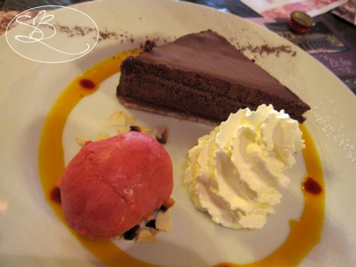 Chocolate cake with raspberry sorbet